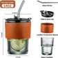 Bamboo Joint Glass Cup with Lid & Straw | 13oz Can-Shaped Tumbler with Leather Sleeve