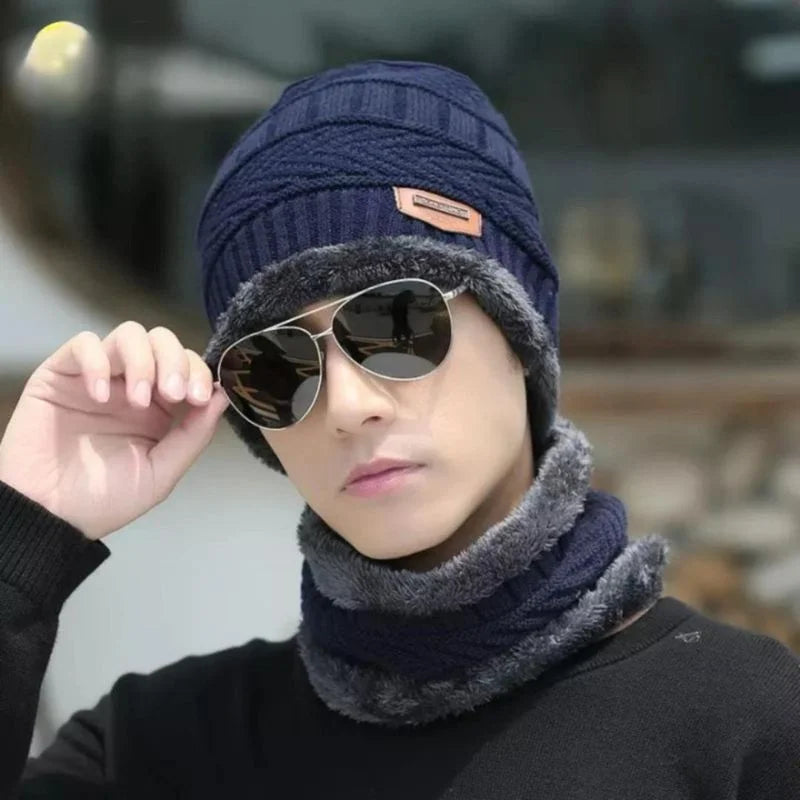 Winter Wool Cap with Neck Warmer Set | Thermal Beanie & Scarf Combo for Men and Women | Blue And Gray