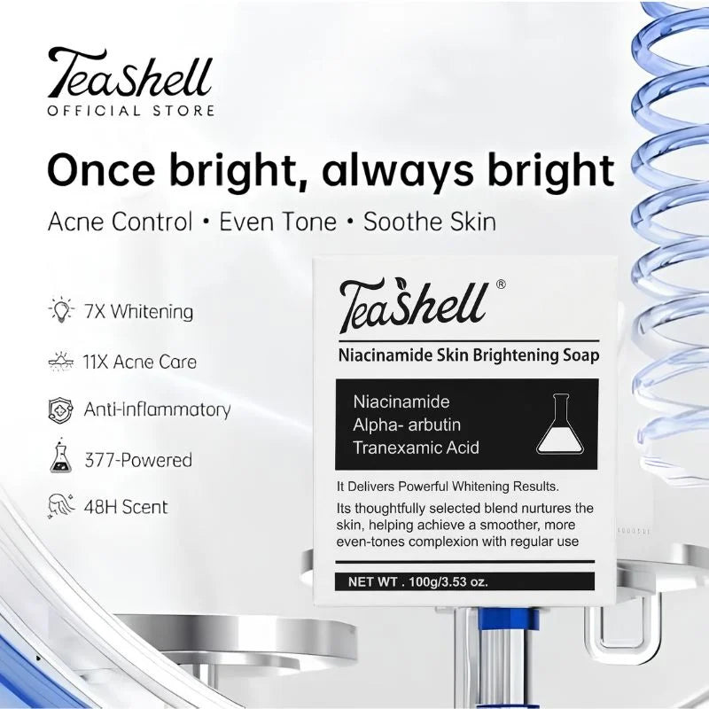 TeaShell Niacinamide Skin Brightening Soap | Face & Body Brightening Bar with Niacinamide, Alpha Arbutin & Tranexamic Acid | Deep Cleansing Formula | For Men & Women | 100g