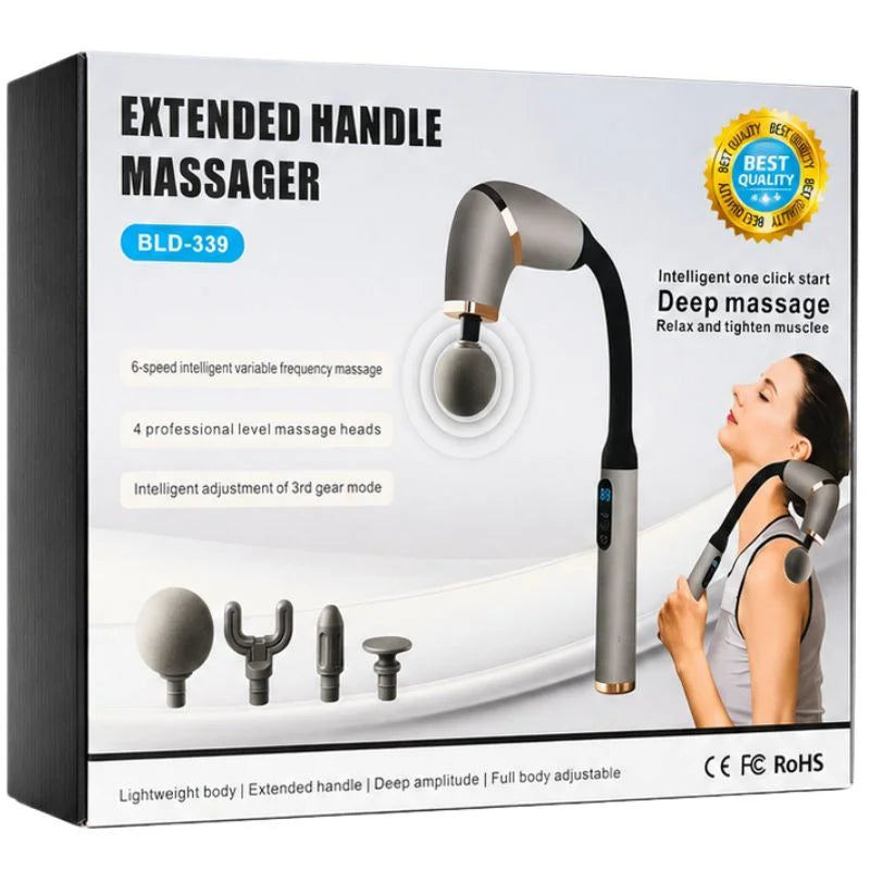 Long Handle Fascial Gun Massager | Model: BLD-339 |  Rechargeable Massage Gun with 4 Interchangeable Heads | Full Body Muscle Relaxation