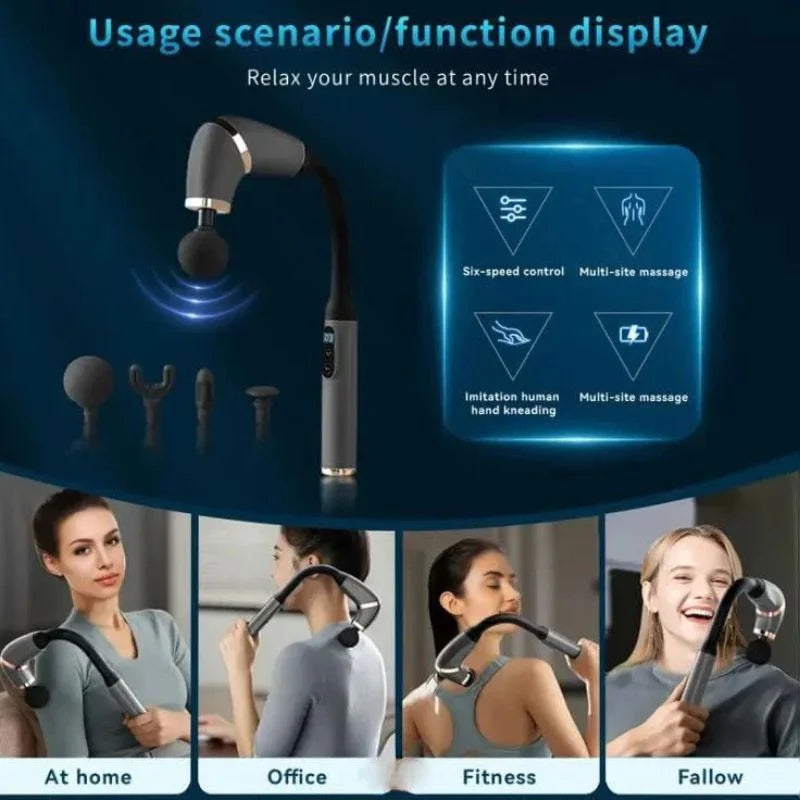 Long Handle Fascial Gun Massager | Model: BLD-339 |  Rechargeable Massage Gun with 4 Interchangeable Heads | Full Body Muscle Relaxation